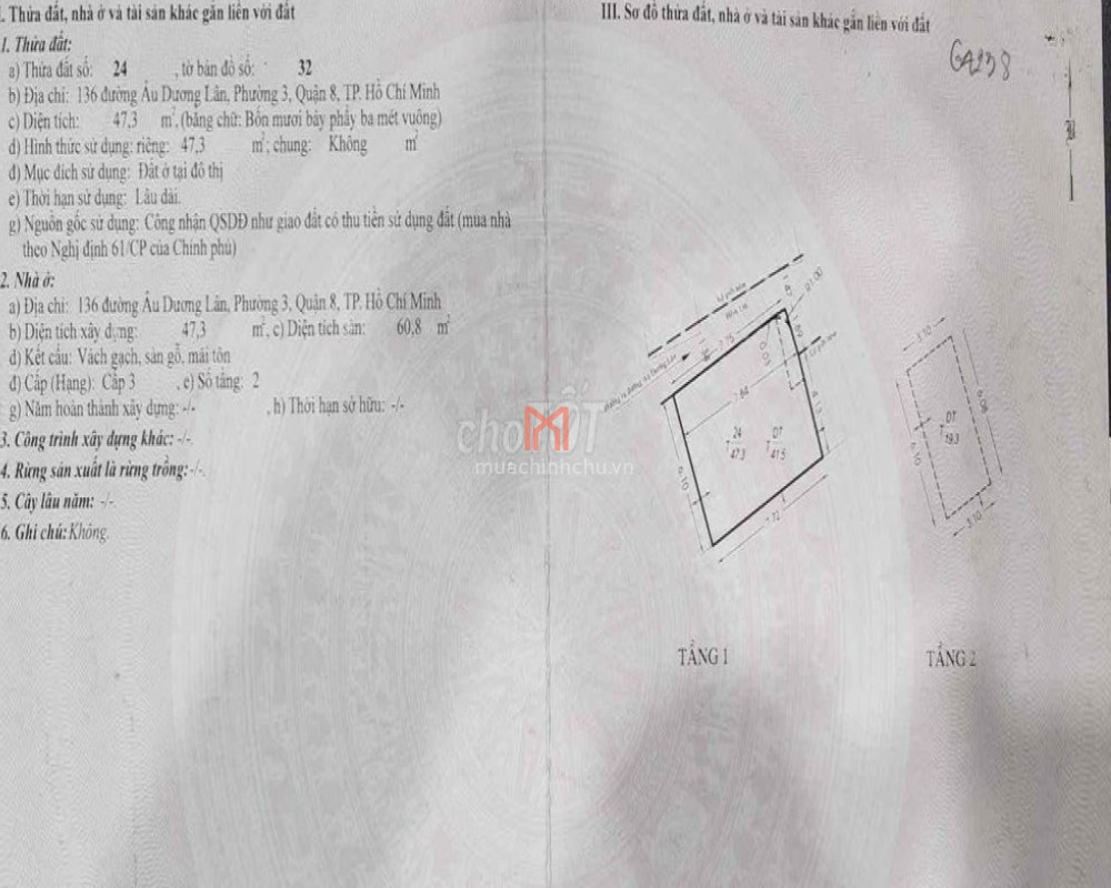 Nhà bán Quận 8 dt 60.8 met