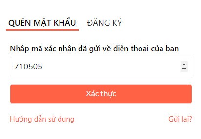 nhập mã xác nhận lấy mật khẩu